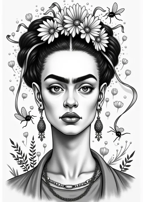 Create an image of a black and white drawing of the  in the same drawing style as Frida