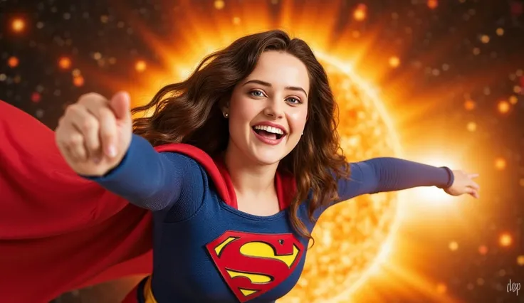 Katherine langford, She is smiling,  wearing Supermans uniform,  in space inside the Sun , absorbing energy 