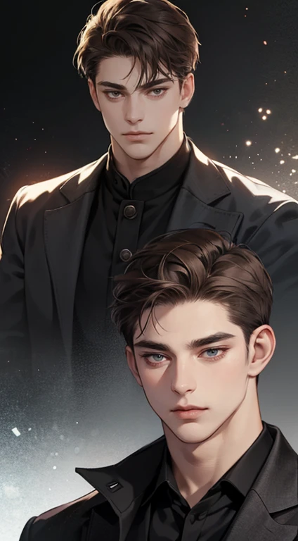 masterpiece, best quality, realistic, 1man, mature male, quiet and charming young man, 25 years old, close his eyes, serious look, extremely detailed face, smirk, ((dark grey eyes)), ((short-right-swept dark brown hair)), [thick eyebrows], detective, Black...