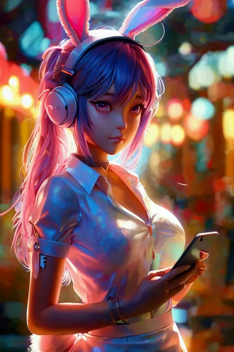 anime girl in bunny ears holding a cell phone and wearing a skirt, unRealistic character concept ,  April display,  inspired by Sim Sajong , Guvice,  high-profile character , Trending in cg station, (  Waitress  ) girl, Realistic character concept ,  Full ...