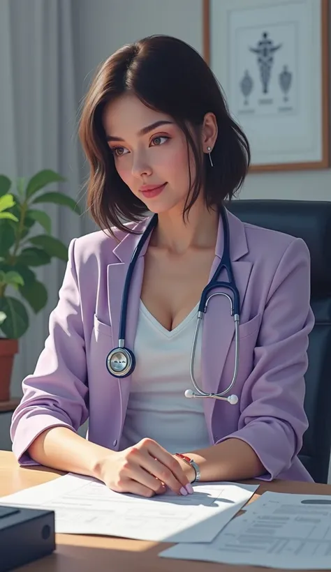 WHITE-SKINNED WOMAN WITH LONG DARK BROWN HAIR SITTING AT A DESK WEARING A WHITE DRESS AND I PULL OUT LILAC WITH PAPERS ON THE DESK AND A STETHOSCOPE AROUND HER NECK LOOKING FORWARD WITH A SMILE FROM A LITTLE FAR AWAY TO APPRECIATE THE BACKGROUND OF HER OFF...