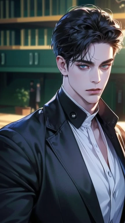 (best quality,4k,8k,highres,masterpiece:1.2),ultra-detailed,(realistic,photorealistic,photo-realistic:1.37),30 year old man,3 day beard,handsome anime,portraits,strong,masculine,dark hair,sharp jawline,mesmerizing eyes,perfectly styled hair,cool anime outf...