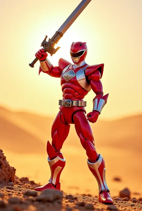 Red Power Ranger action figure, full body shot, dynamic pose, wielding a sword and blaster, desert background, bright daylight.