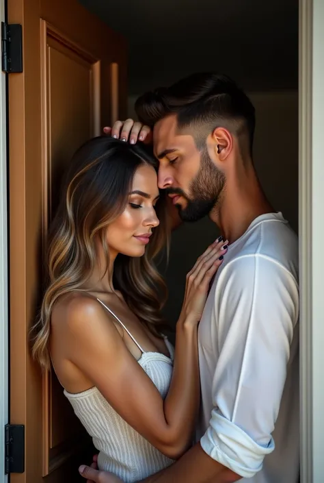 A beautiful woman and man in their 30s wearing clothes at a door,  realistic , foto  realistic ,  realistic  skin,  realistic  details.   with a face of desire . With her finger on her head sensually . 