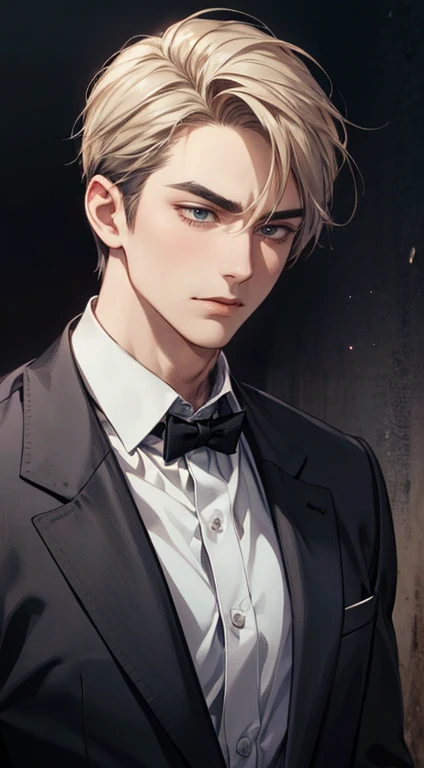 masterpiece, best quality, realistic, 1man, mature male, quiet and charming mature man, 34 years old, close his eyes, serious look, extremely detailed face, smirk, ((dark grey eyes)), ((short-right-swept dark blonde hair)), [thick eyebrows], detective, Bla...