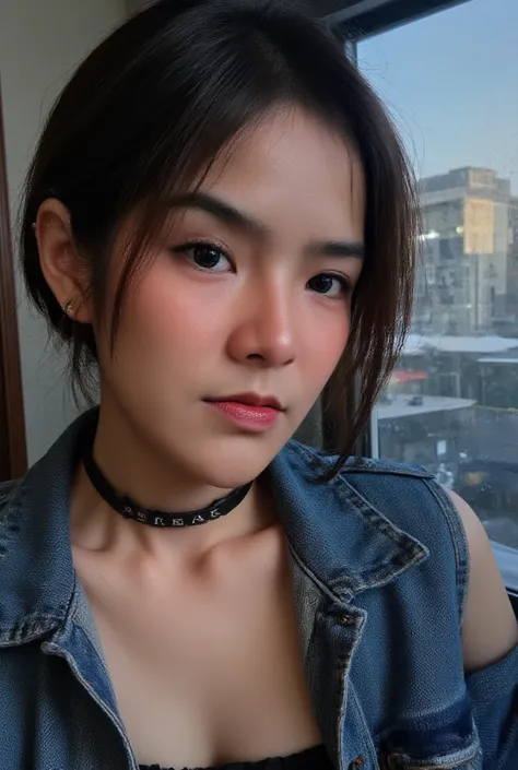  close-up portrait of a 24-year-old Asian woman  (close-up portrait of a 24 year old asian woman), withblack leather collar reads "PEREK" in white caps letter,  Im sitting by the window of a cafe with a 70s style interior in New York and facing the window....