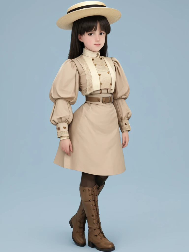 Jessica Lovejoy as a coquettish 10yo girl in a stylish 1890_dr3ss and hat, year 1898. High-collar shirtwaist with long puff sleeves, wide-brimmed hat, short skirt, silk stockings, boots