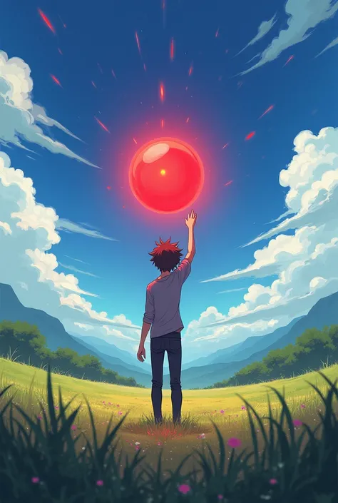 Anime Scene In Which Main Character Is Stretched His Hand And In His Hand Their Is Glowing Magical Red Ball In A Open Field Anime Style Landscape Image