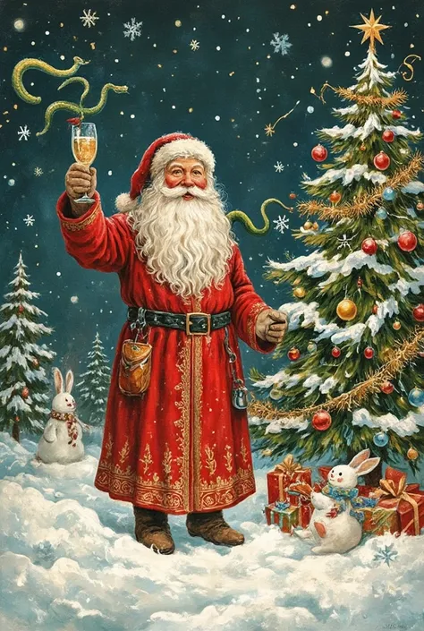 "Create a New Years card in the style of magical realism. In the center of the composition there should be Father Frost in a traditional red caftan, hat and felt boots. In one hand he holds a glass of champagne, in which there is a green snake eating its t...