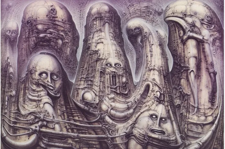 The image depicts a surreal, otherworldly landscape with towering, twisted structures that resemble organic growths or mechanical components. The scene is dark and eerie, with a muted color palette dominated by purples and blacks.Surreal biomechanical horr...