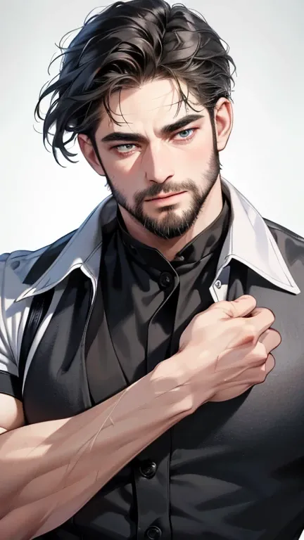 (best quality,4k,8k,highres,masterpiece:1.2),ultra-detailed,(realistic,photorealistic,photo-realistic:1.37),30 year old man,3 day beard,handsome anime,portraits,strong,masculine,dark hair,sharp jawline,mesmerizing eyes,perfectly styled hair,cool anime outf...