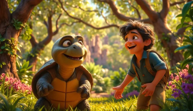 A cartoon-style image of a forest with tall trees and sunlight streaming through the leaves. A boy in a blue shirt and brown shorts chats animatedly with a wise turtle, who smiles calmly. The setting is bright and vibrant with a peaceful atmosphere