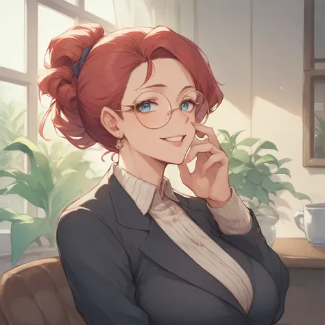 A MILF with long red hair tied in a ponytail has blue eyes and round glasses. They wear a black suit. They are sitting in a chair in a therapist room. They are smiling softly.