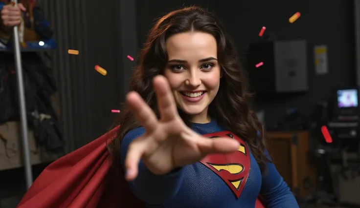 Katherine langford, She is smiling,  wearing Supermans uniform,  sitting on a nightclub chair at night,  extending the palm of the hand facing down to the camera, with several capsules of threatened pistol projections 