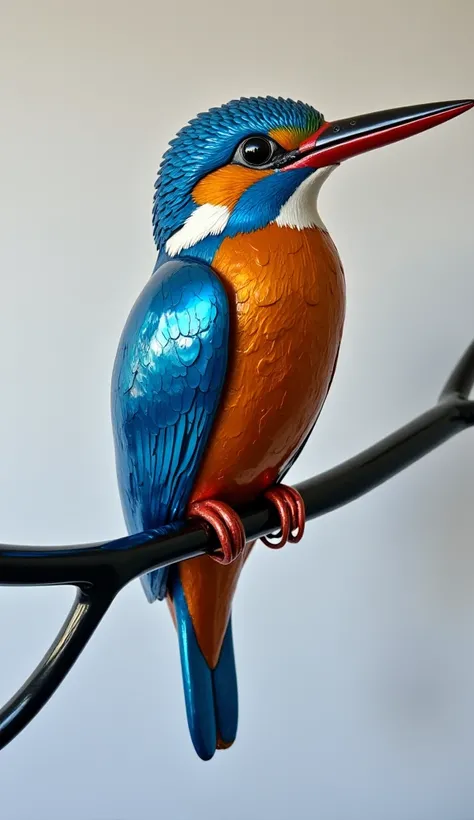 A kingfisher bird formed entirely of metallic oil, its glossy surface reflecting vibrant hues of blue and orange, perched on a sleek black branch.