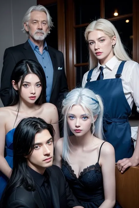 family dinner for eight members .
Everyone is older.
 The father with long black hair and royal blue eyes .  The mother with long white hair and vivid blue eyes .
 older ren man with white hair blue eyes and the woman with black hair with white locks and b...