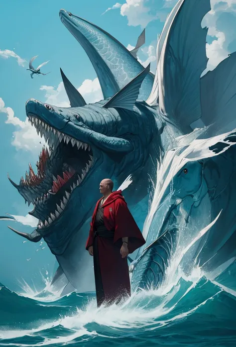 A man in old robes drowning and dying without air in a huge ocean next to a huge prehistoric fish