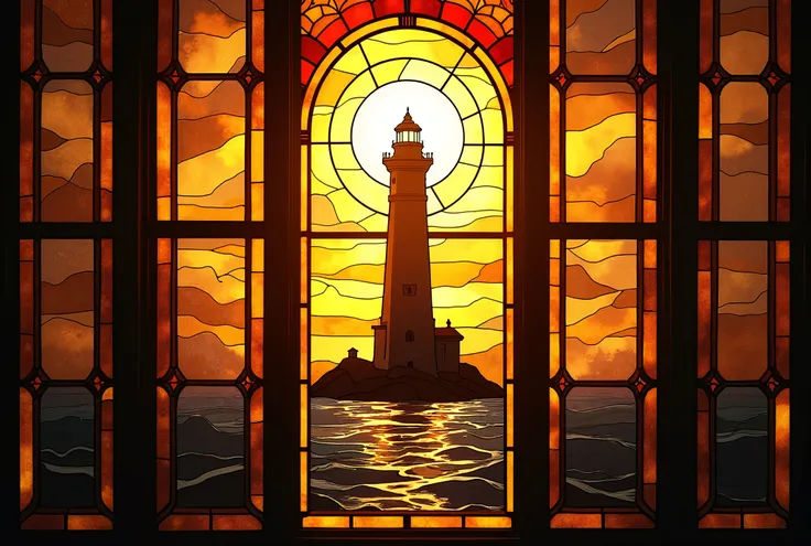 a close up of a  stained glass painted by Van Gogh window of a Lighthouse,  stained glass painted by Van Gogh art, Lighthouse, Lighthouse, bold Lighthouse in horizon,  fire stain glass  ,  stained glass painted by Van Gogh style, maxim verehin  stained gla...