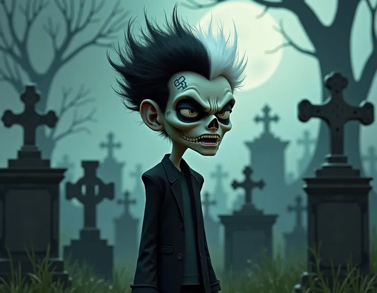  Man one with the head of a dark skull ,  half black hair and half white ,  look in anger emostyle Pixar Disney surrealist style with a tattoo written (Sadstar )  on the eyebrow animation at the cemetery  