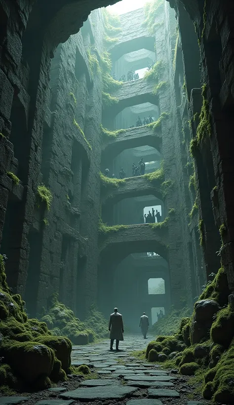 "Dark fantasy depiction of a labyrinthian dinosaur temple, with crumbling stone walls covered in dark moss and bone-like structures, while shadowy figures and skeletal remains adorn the floors."