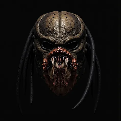 A Yautja-Predator mask with the lower half of the mask [mouth covering] carved in the style of the Serpent Hunter design, featuring the clenched fangs of HR Gigers ALIEN creatrure