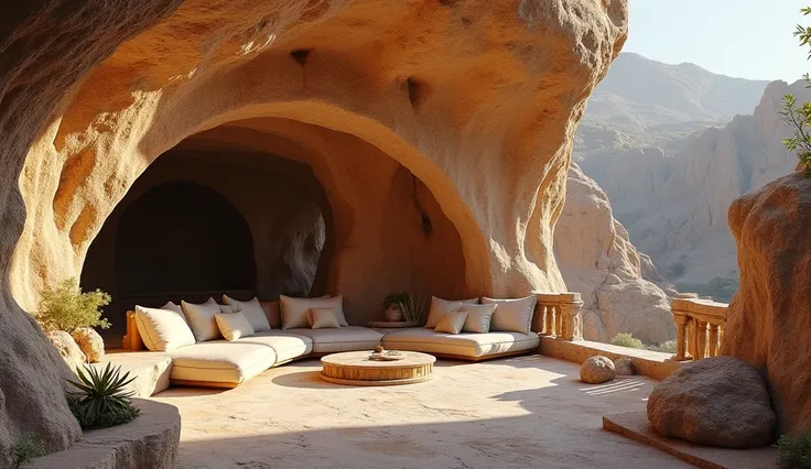 ultra-modern cave home carved into rock hills on another planet, with ornately carved rock furniture.  similar caves with carved stone railings dot the surrounding hills.