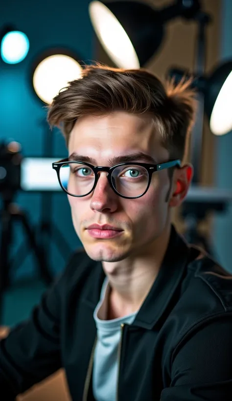 close up of  nerd student in tv studio. guy with pretty slavic  face with  glaces