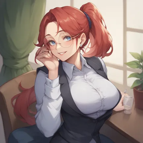 A MILF with long red hair tied in a ponytail has blue eyes and round glasses. She wears a black suit. She is sitting in a chair in a therapist room. She is smiling warmly ar you.