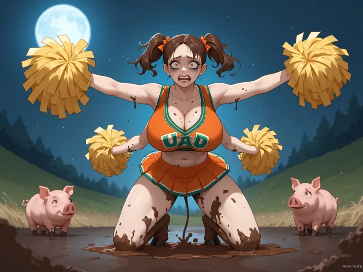 A pig-like monstrosity is absorbing a mischievous 25-year-old cheerleader into its body after she trespassed onto a cursed farm. The cheerleader is transforming into a pig as she becomes one with the monster. She is being absorbed into its chest. Merging, ...