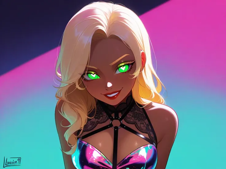 OC, female, semi realism, dark tanned skin, red lips, blonde eyebrows, perfect face, long wavy light Ashe blonde hair with bang,  half-closed Green eyes, evil smile, neon glamorous cyber, sweet aesthetic, harness and lace neon dress, mystic luminescent, se...