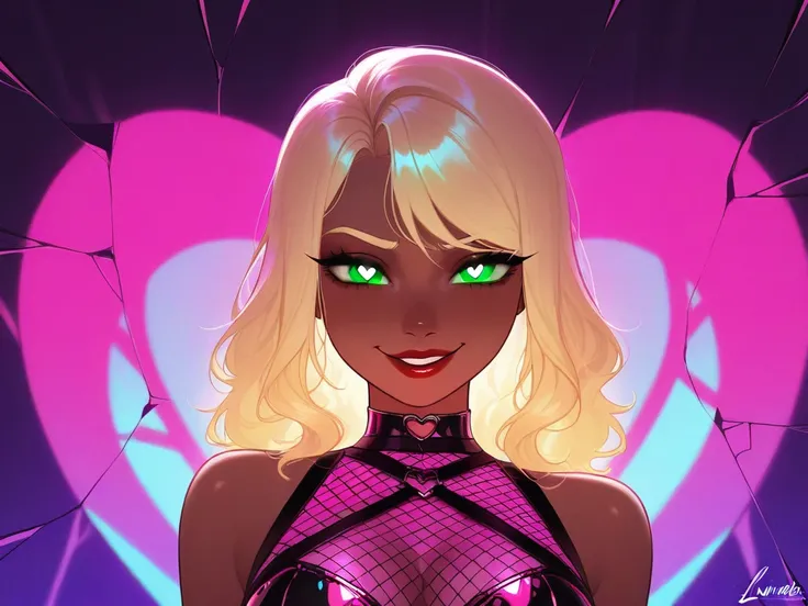 OC, female, semi realism, dark tanned skin, red lips, blonde eyebrows, perfect face, long wavy light Ashe blonde hair with bang,  half-closed Green eyes, evil smile, neon glamorous cyber, sweet aesthetic, harness and lace neon dress, mystic luminescent, se...