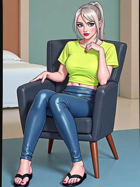 Woman woman platinum blonde hair tight yellow t shirt shiny black leather leggings black flip flops athletic style body setting in a chair with her legs crossed her hair tied back and a ponytail in a bedroom