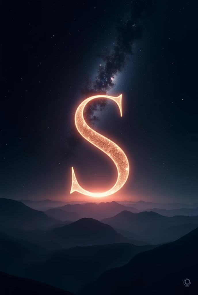 "Create a stunning wallpaper with the letter S in the center. The S should be sleek and modern, glowing softly. The background should be dark, perhaps with shades of black, deep blue, or purple. Surround the letter with a breathtaking view—maybe a cosmic s...