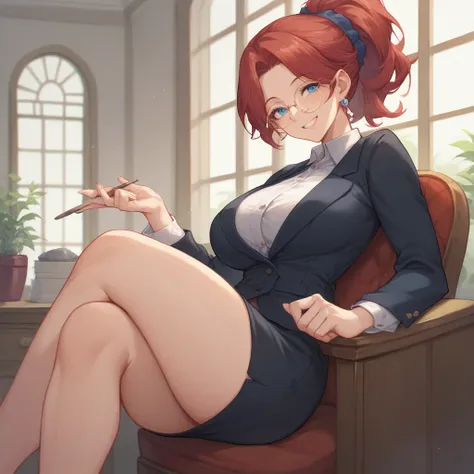 A MILF with long red hair tied in a ponytail has blue eyes and round glasses. She wears a black suit. She is sitting in a chair in a therapist room. She is smiling warmly ar you.