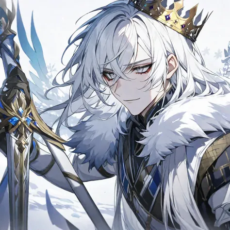 1 male, длинные cut, straight hair ,  white hair, White eyes,soft look, beautiful , beautiful ,sexly,darkness, crown,  white background, snow from behind ,  controls the snow ,  interested ,  doesnt smile