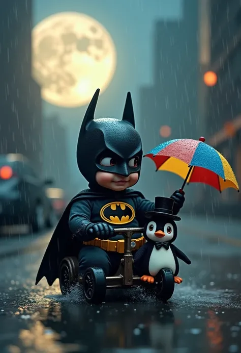 Baby dressed like  Batman riding on the street, sits on  baby Penguin, dimly rainy day. The baby Penguin, dressed in a tiny tuxedo and top hat, wields a colorful, toy umbrella, holding it like a weapon. The backdrop features a glowing, oversized moon and f...