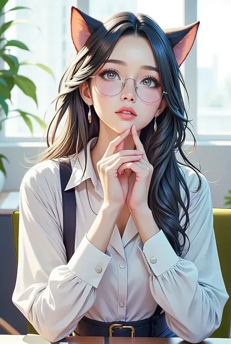 (masterpiece, top quality :1.2,),  is anatomically correct, beautiful hands,wereing glasses, girl with cat ears  ,  very beautiful,intellectual, (( Wellington glass )),formal clothes  ,  upper body shot,  viewers,A little upward glance,The background is an...