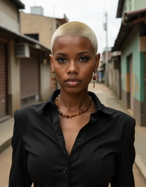 A Brazilian mulatto woman blond skinhead cut. She is wearing a black office dress. Three quarter portrait on in a africans slum. Straight posture. She wears beauty amber earrings and amber beads. 