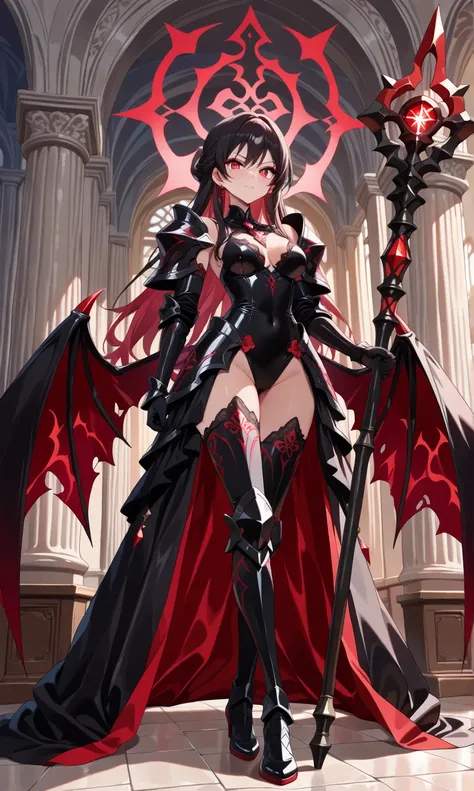 (((masterpiece, best quality, high detailed, 16k))) (1girl) A darkly enchanting woman with long flowing midnight-black hair and glowing red eyes. She wears a sinuous, tight-fitting black and crimson armor adorned with infernal symbols. Bat-like wings exten...