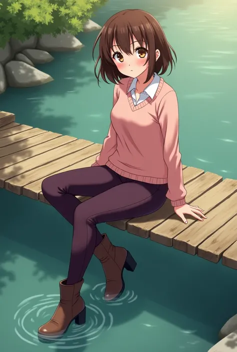 Anime young woman ,  brown shoulder-length hair, Elvis-Tolle ,  brown eyes,  white blouse ,  pink v-neck sweatshirt ,  long dark purple pants over brown boots with black block heels,  sit on a wooden bridge in water , keeps your right foot underwater 