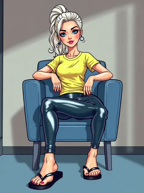 Woman woman platinum blonde hair tight yellow t shirt shiny black leather leggings black flip flops athletic style body setting in a chair with her legs crossed her hair tied back and a ponytail in a bedroom