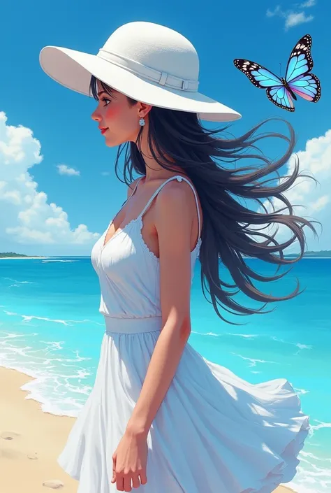 Create a realistic picture that shows a girl standing by the sea, wearing a white hat and having long hair flying in the breeze. The bright butterfly adds a touch of beauty and joy, with a background that reflects her love for the blue color and her fun ch...