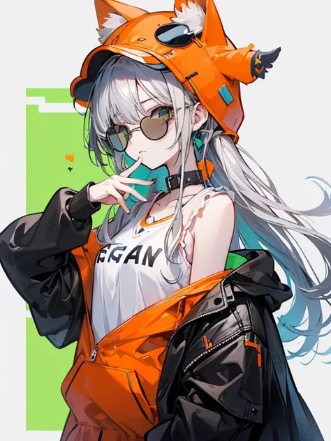  One Girl , animal_ Orelya wearing an orange hoodie and sunglasses holding a cell phone  _Fluffy, animal_ Orelya wearing an orange hoodie and sunglasses holding a cell phone  s, Franja, only_ shoulder, therefore_hair, , Chest, shem _ Orelya wearing an oran...