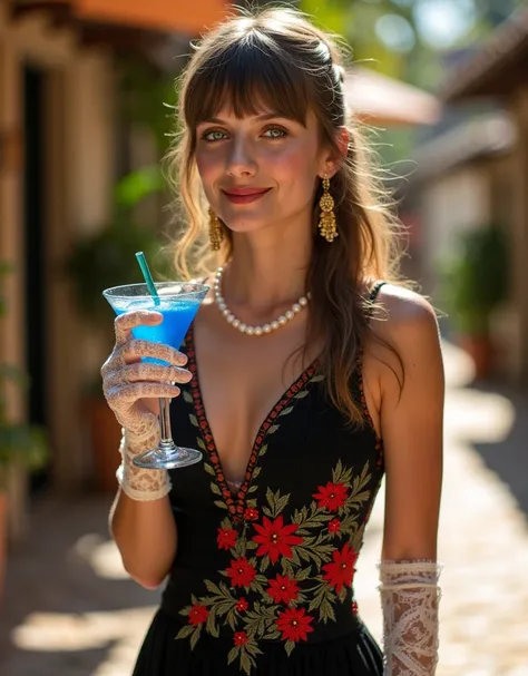 Photographic, super realism, portrait, extreme close-up, English girl , Melanie Lauren standing pose, full-body, on stone street, in Hawaii, English cute girl ,20-age, (brown hair, middle hair, fringe, blue eye, natural make,  smile ,  normal body), (Black...