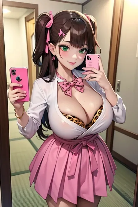 Big Lips, Brown Hair, pink eye, The Face of Japan, Improve, two side up, Huge breasts,  wide hips,  sexy,  pink theme , Cute,   Details, pink room, Decora, bangs, Green, Improve outfit, Cute,  pleated skirt,  clevis on a stone, Huge ,  Giant  ,  Dynamic Po...