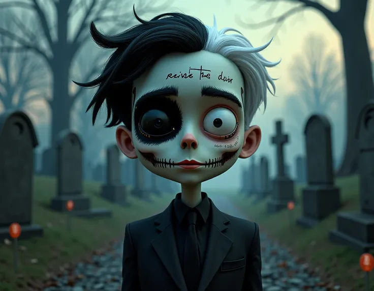 Man character Skull ,  half black hair and half white , Pixar Disney surrealist style emostyle with a written tattoo (Sadstar )  on the eyebrow animation at the cemetery 