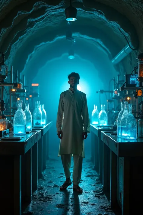 A mysterious underground cave houses a dimly lit scientists laboratory, filled with strange, futuristic equipment and glowing blue liquids in glass vials. In the center of the lab stands a 25-year-old handsome young man with a curious expression, wearing a...