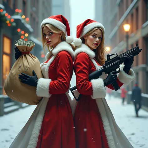 **Prompt em inglês:**  

"Two women dressed as Mrs. Claus are standing back-to-back in front of a large bank building. One woman is holding a sack of money tightly with a serious and determined expression, while the other is holding a machine gun with a co...