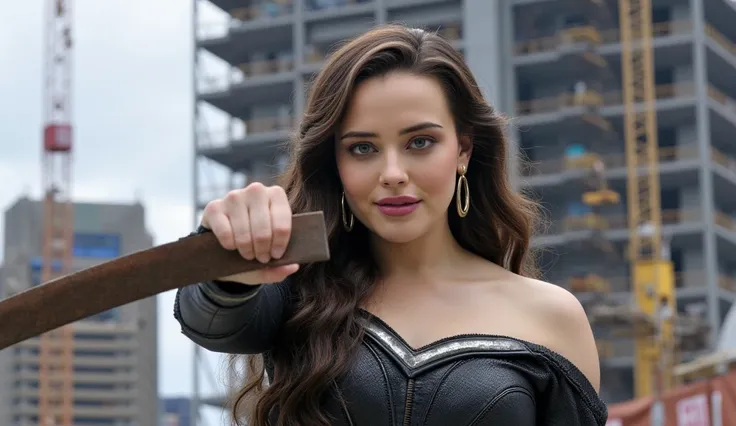 Katherine langford, She is smiling, wearing Superman ,  big boobs, warping a steel construction beam