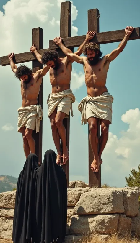  Creating three men crucified on three crosses ,  the one with short hair up to his ears , brown color and beard ,  dressed in white tunic biblical times style,  with a crown of thorns on his head and a bloody face,  with an expression of affliction and wi...